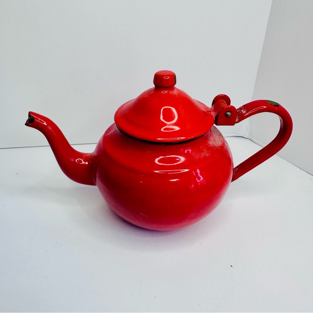 Vintage Small Red Enamel Teapot